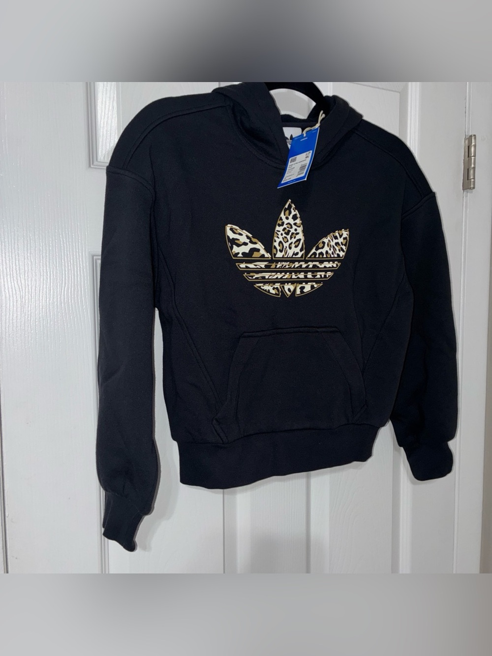 Women's Adidas black cropped hoodie with graphics, Small, Leopard logo, NEW